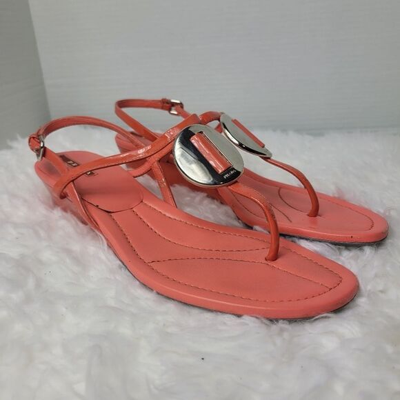 Prada Sport Womens T-Strap Sandals  Size 8.5 Patent Leather Low Wedge Slingback - Picture 1 of 11